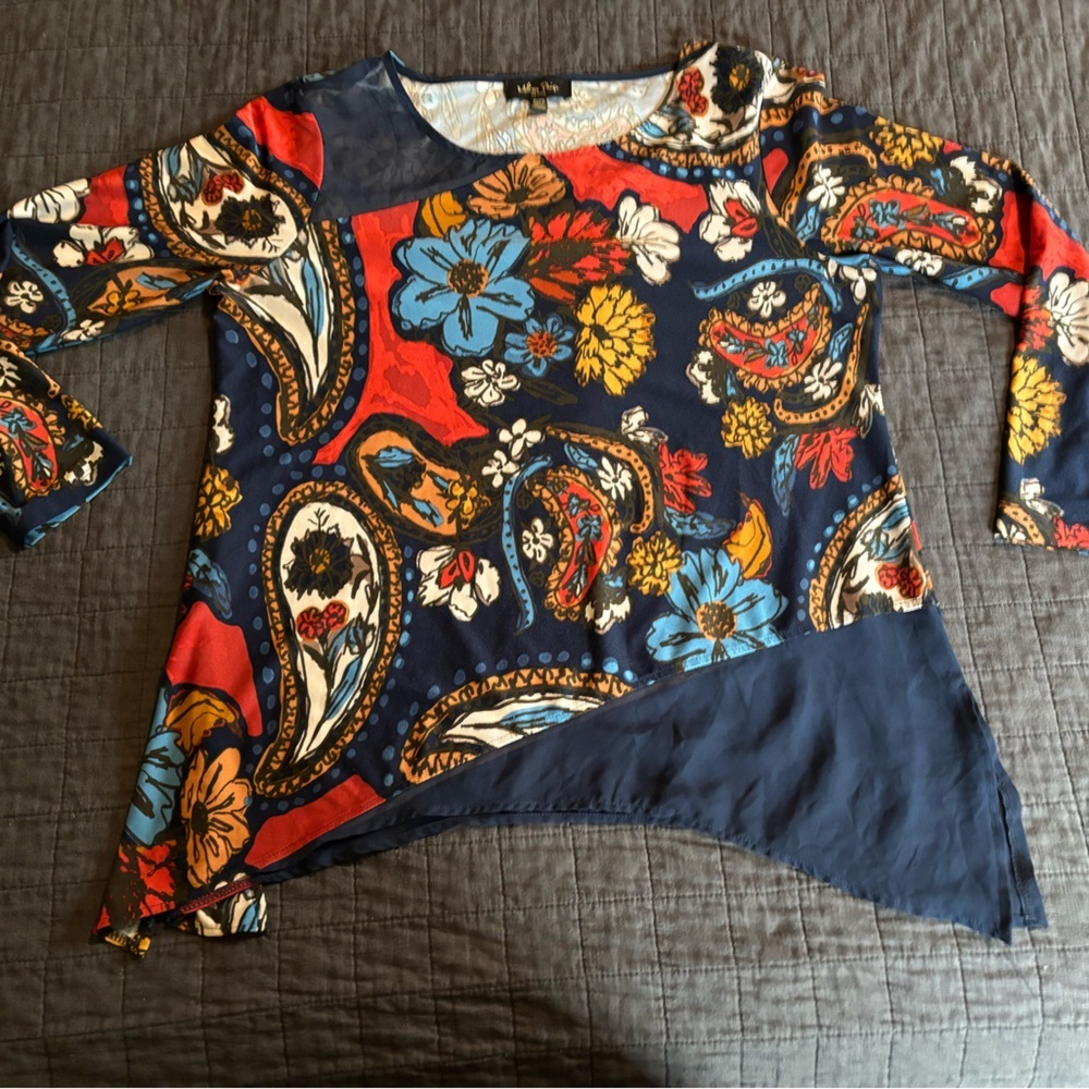 Melissa Paige Petite Large Paisley Floral Sharkbite Tunic Blouse Navy Red PL‎